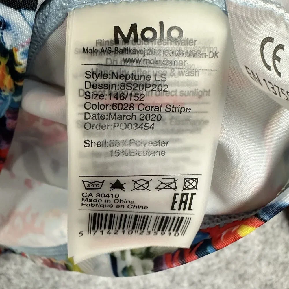 Molo Neptune LS Rash Guard Swim Shirt Youth 146 152 Blue Coral Fish UPF 40+